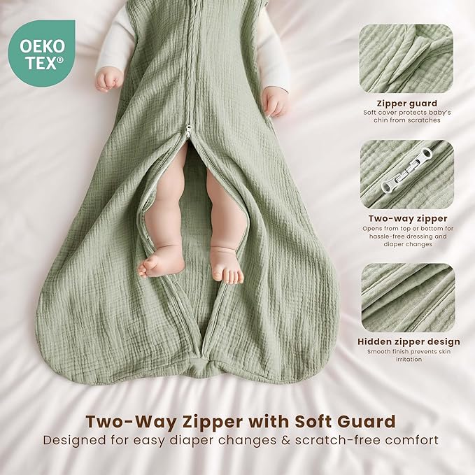 Konssy Muslin Baby Sleep Sack 18-24 Months 0.8 TOG, 2 Pack 100% Cotton Wearable Blanket for Babies, 2-Way Zipper Breathable Sleeping Sack Infant Toddler Essentials for Girls and Boys (Woodland,Sage)