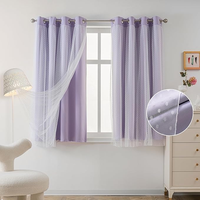 MYSKY HOME Cute Lilac Curtains for Girls Bedroom & Nursery Kids Purple Lavender Blackout Curtains 72 inch Long Double Layer with Polka Dots Sheer, Grommet Tops, 52" Wide, 2 Panels