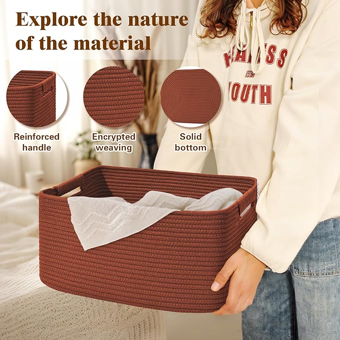 3 Pack Large Storage Basket for Organizing, 17.5"x13.5"x7.5" Woven Basket for Shelves, Closet Cube Storage Bins with Wrapped Handle, Cotton Rope Baskets for Kitchen, Clothes, Toys(Oxide Red)