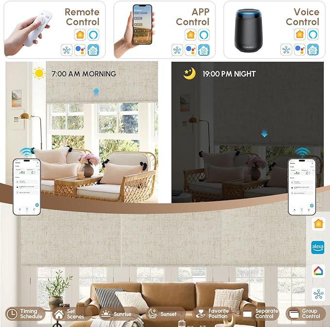 Kincmo No Drill Motorized Blinds with Remote, 100% Blackout Roller Shades for Windows, Custom Electric Blinds Compatible with Alexa, Apple Homekit, Google Home (100% Blackout Linen Stone)
