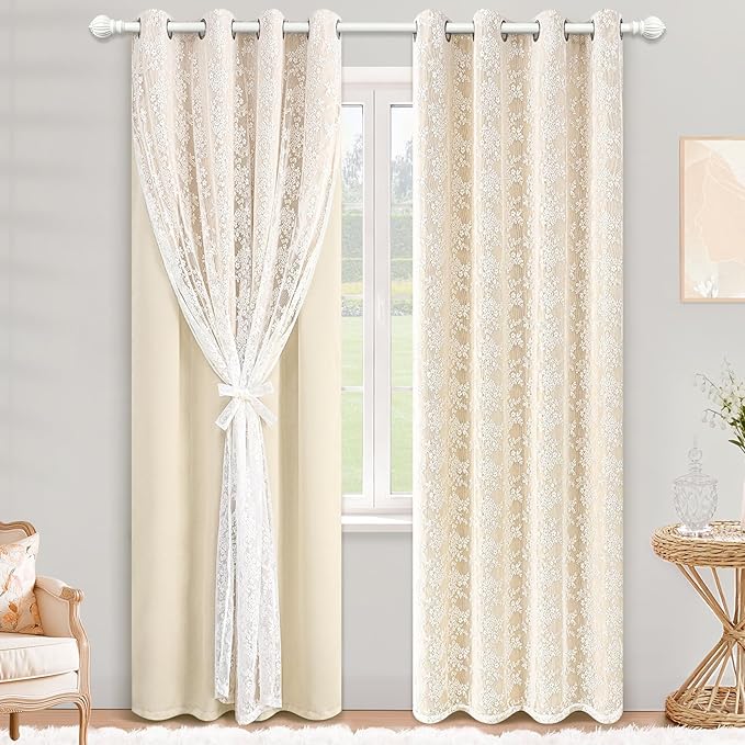 Yinhua Blackout Curtains for Bedroom Double Layer Beige Curtains for Living Room 84 Inches Long Nursery Curtain with Tiebacks, Thermal Insulation Grommet Drapes for Toddler, 52" W x 84" L