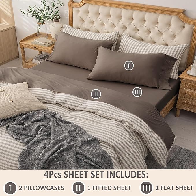 PURE ERA Jersey Knit 4pc Bed Sheet Set 100% T-Shirt Cotton Super Soft Comfy Breathable Fits Mattress Up to 20" Extra Deep Pocket (Solid Brown, Queen)