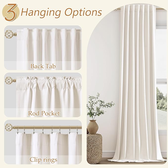 Guken Ivory 100% Blackout Curtains 63 Inch Length 2 Panels Set for Living Room Bedroom Back Tab Thermal Insulated Black Out Linen Drapes Room Darkening Window Curtains 63 Inches Long