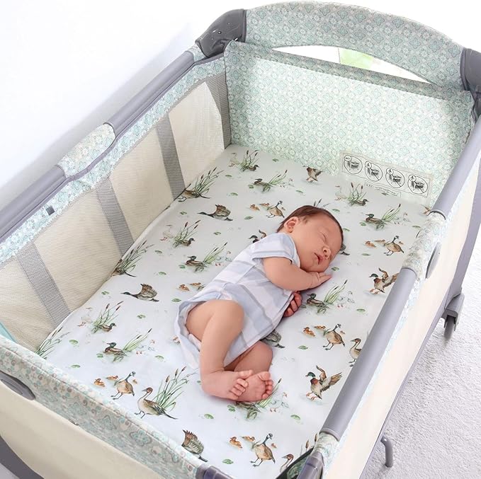 LifeTree Crib Sheets for Baby Unisex - Muslin Fitted Crib Sheets Toddler Bed Sheet, 70% Viscose from Bamboo and 30% Cotton, Fits Mini Crib & Pack and Play Playard, Mallard Duck, 26in x 38in