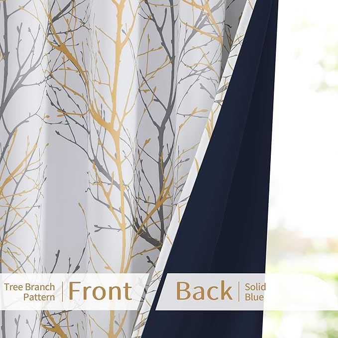 FMFUNCTEX 100% Blackout Curtains for Living Room, Yellow Grey Curtains 63 Inch Length Tree Branch Patterned Curtains for Bedroom, Thermal Insulated Farmhouse Window Treatment, Grommet Top 2 Panels