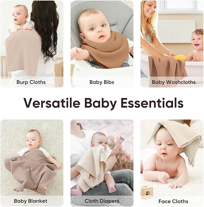 Bearmoss 100% Cotton Muslin Burp Cloths, 6 Pack Absorbent Large Baby Burping Cloths for Boy, Girl, 23.6" X 23.6" Newborn Essentials (Brown)