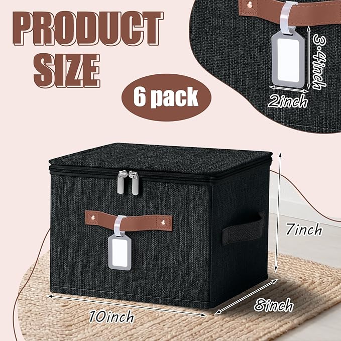 6 Pack Fabric Closet Storage Bins with Zipper Lids and Label, 10×8×7In Large Size Foldable Cotton Linen Storage Cubes Boxes with PU Leather Handles Holders for Bedroom, Shelf, Nursery, Black