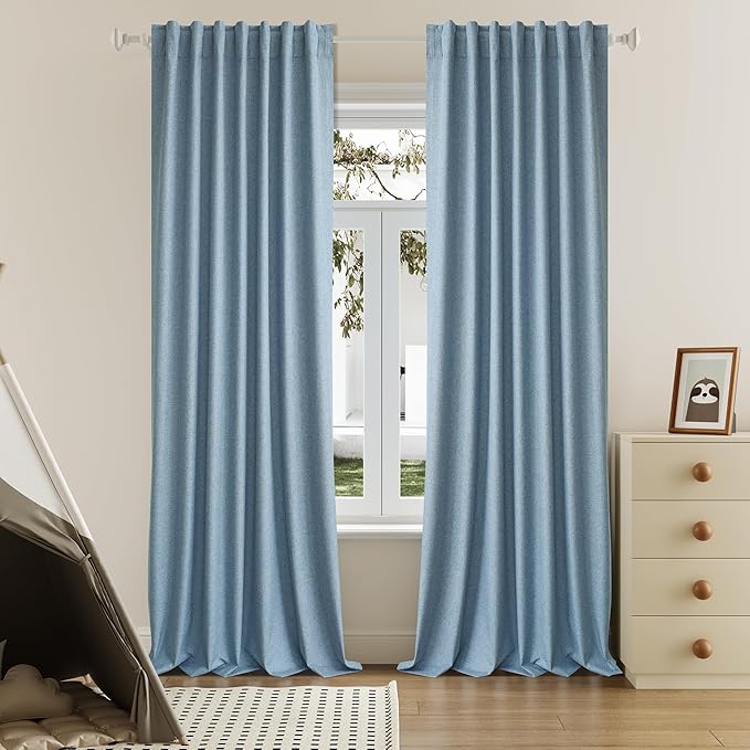 Slate Blue Linen Full Blackout Curtains 108 Inch Length 2 Panels Set for Living Opaque Privacy Back Tab Thermal Insulated 100% Black Out Room Darkening 9ft Window Curtain Drapes 108 Inches Long
