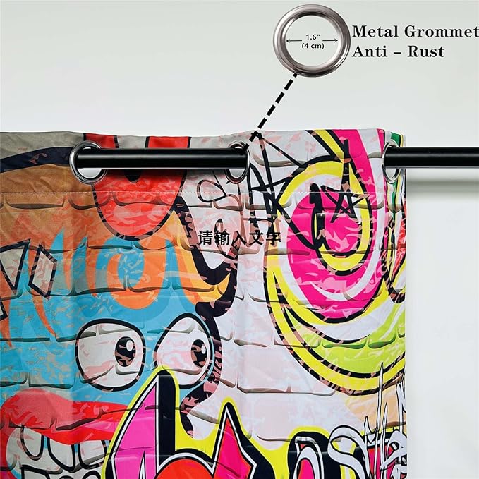 Graffiti Blackout Curtains W42 x L63 Inch Grommet Thermal Insulated Room Darkening Window Drapes Colorful Hip Hop Hippie Doodle Urban Print Pattern for Kids Boys Youth Teen Bedroom 2 Panels