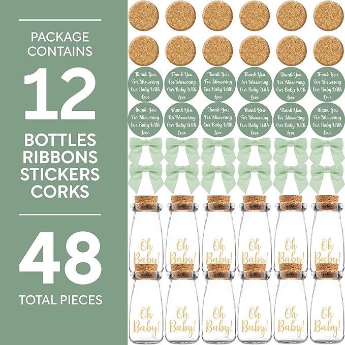 Ethisa Vintage 12 Pack Oh Baby Woodland Milk Glass Bottles with Ribbons and Stickers - Classy Baby Shower Favors for Guests and Table Centerpieces - Gender Neutral Eucalyptus Decoration - Safari Theme
