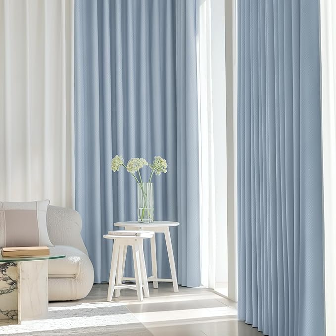 FMFUNCTEX 100% Blackout Curtains for Bedroom, Smoky Blue Curtains 108 Inches Long Textured Thermal Insulated Curtains for Living Room Drapes, Black Out Drapery Grommet Room Darkening 2 Panels