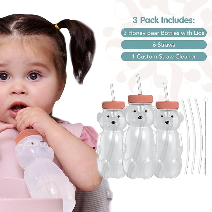 The 730 Project Honey Bear Straw Cup for Babies, 8-oz Honey Bear Cup with Lid, 3-Pack Therapy Learning Honeybear Straw, Baby Bottle Set, Firetruck RED