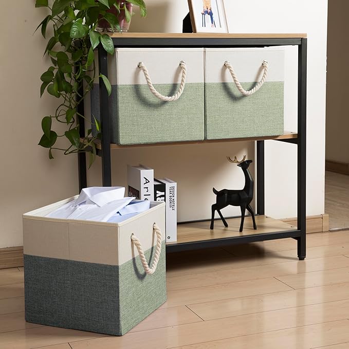 PRANDOM Large Foldable Cube Storage Bins 13x13 inch [4-Pack] Fabric Linen Storage Baskets Cubes Drawer with Cotton Handles Organizer for Shelves Nursery Closet Bedroom Beige/Green