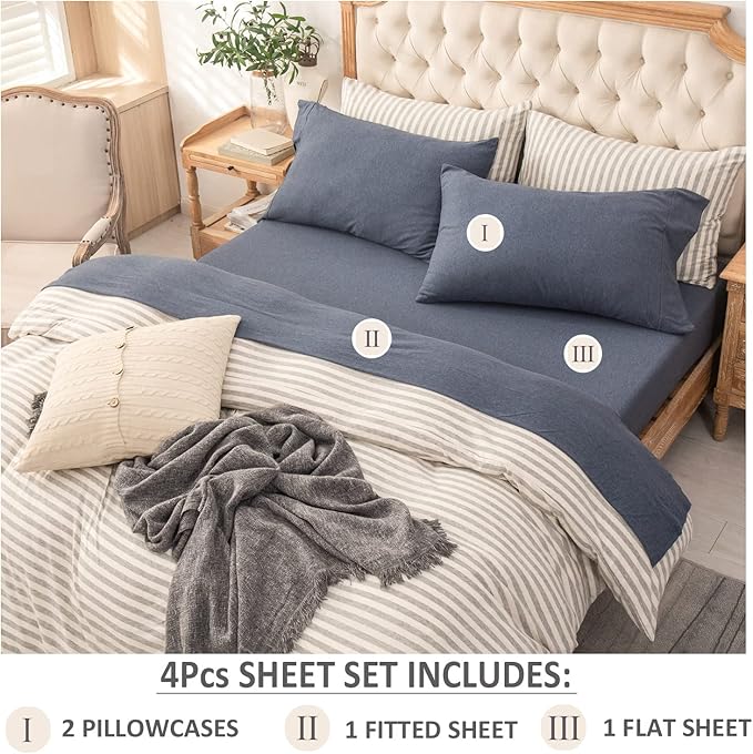 PURE ERA Jersey Knit 4pc Bed Sheet Set 100% T-Shirt Heather Cotton Super Soft Comfy Breathable Fits Mattress Up to 20" Extra Deep Pocket (Heather Navy Blue, Cal King)