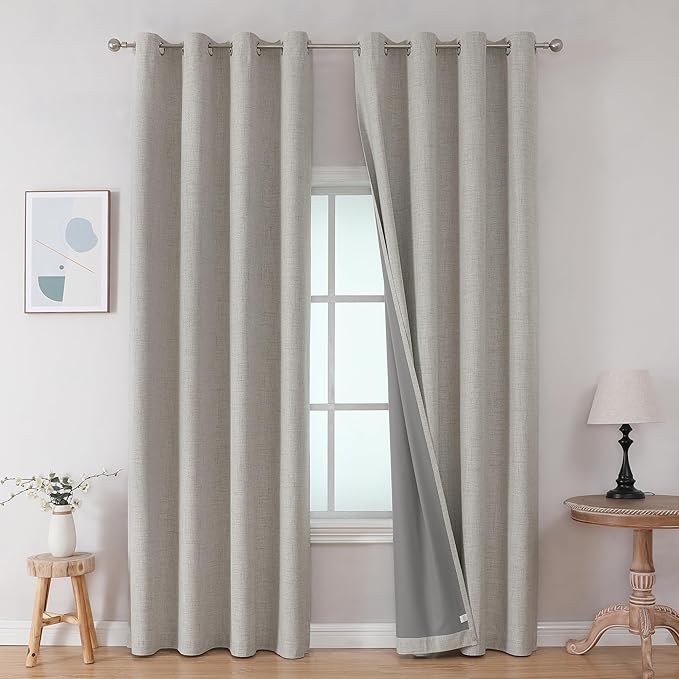 Joydeco Blackout Curtains 90 Inches Long 2 Panels Burg, Room Darkening Curtains for Bedroom, 100% Black Out Textured Thermal Drapes Privacy Protection 2 Panels Set(W42 x L90 Inch, Greyish White)