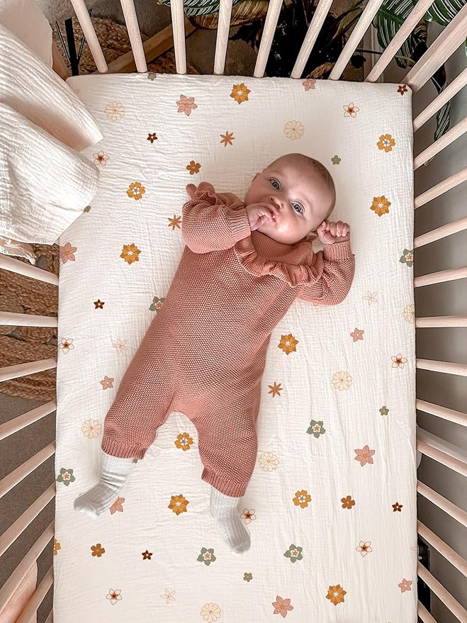 Pack and Play Sheets for Baby Boy and Girl 2 Pack, Neutral Muslin Cotton Pack N Play Mattresses Sheet 27"x39", Muslin Nursery Bedding Soft and Breathable Comfort (Sage & Flower-B)