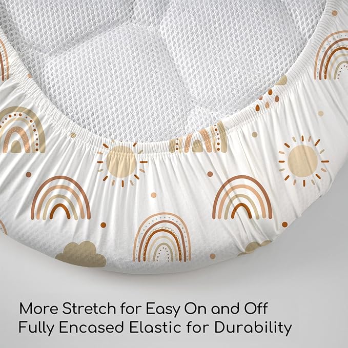 3 Pack Stretchy Bassinet Sheets for Baby Girl Boy, Soft Breathable Baby Bassinet Mattress Sheets Fit for Hourglass Oval Cradle, Moses Basket Rectangle Mattress (Brown Rainbow)