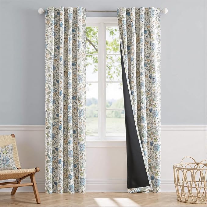 Vangao Blue Nursery Curtains for Kids Room Easter Floral 100% Blackout Curtains 84 Inch Length Farmhouse Drapes for Bedroom Room Darkening Flower Patterned Window Treatment for Kids Set of 2