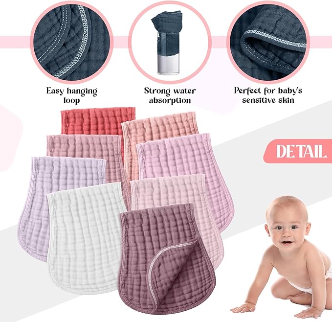 Frienda 8 Pack Muslin Burp Cloths Girl Large 20 x 10 Inch Cotton Burp Rags Absorbent Soft Newborn Face Towels for Newborn Baby Boy Essential Shower Gift Pink