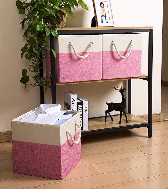 PRANDOM Large Foldable Cube Storage Bins 11x11 inch [4-Pack] Fabric Linen Storage Baskets Cubes Drawer with Cotton Handles Organizer for Shelves Nursery Closet Bedroom Pink