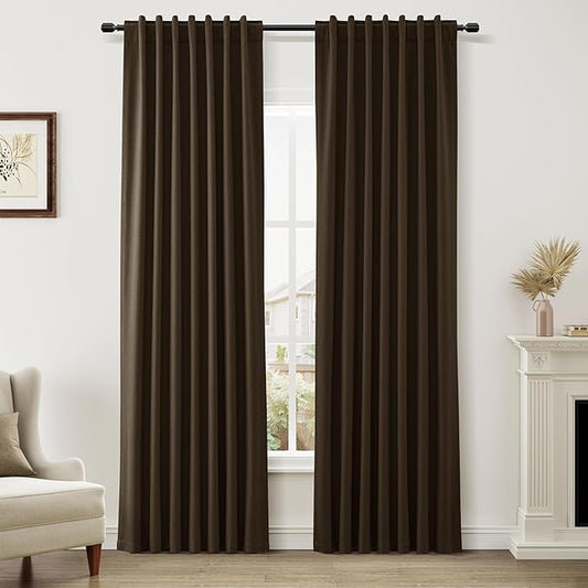 Guken 100% Blackout Curtains 84 Inch Length 2 Panels Set for Living Room Bedroom Back Tab Thermal Insulated Black Out Linen Drapes Room Darkening Chocolate,52x84