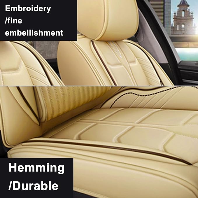 Amooca Car Seat Covers Full Set Automotive Seat Protection Fit for Most Cars SUVs Front & Back Seats Waterproof Nappa Leather Car Seat Cushion Protector Beige