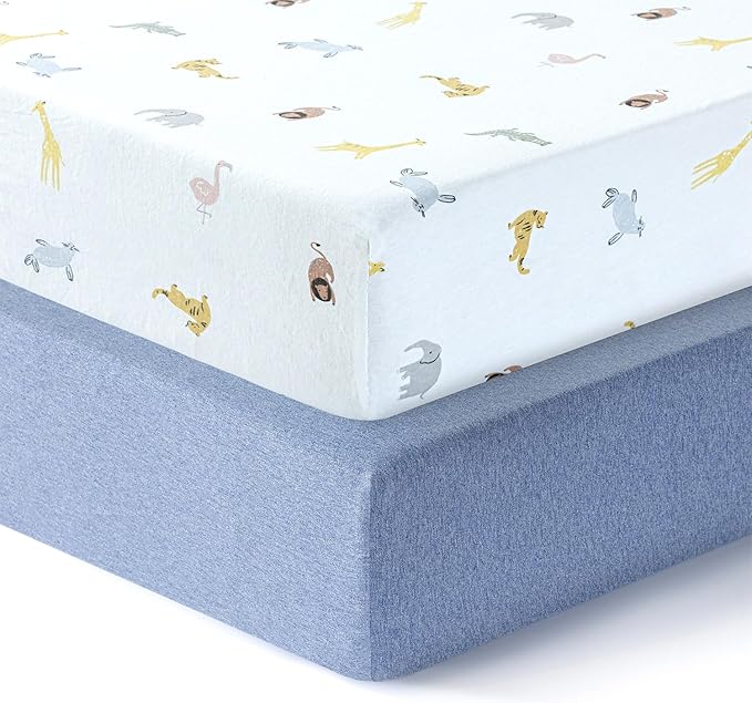 Dreamology Pack and Play Sheets, 2 Pack, Soft, 100% Cotton Mini Crib Sheets, Baby Mattress Sheets for Boys,Girls, Pack n Play Sheets, Mini Crib Fitted Sheet, 24x38 Mini Crib Sheet | Blue,Animals