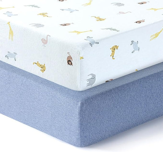 Dreamology Pack and Play Sheets, 2 Pack, Soft, 100% Cotton Mini Crib Sheets, Baby Mattress Sheets for Boys,Girls, Pack n Play Sheets, Mini Crib Fitted Sheet, 24x38 Mini Crib Sheet | Blue,Animals