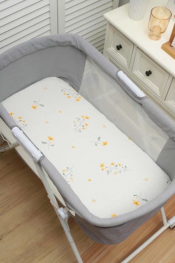 Onacosht Muslin Bassinet Sheets 3 Pack, 100% Cotton Baby Fitted Sheet 33" x 19" Compatible with Mika Micky, KoolaBaby (3 in 1), BabyBond, HARPPA and RICUTON Bedside Bassinet, Leaf and Floral Beige