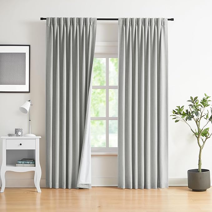 WEST LAKE Light Grey Pinch Pleated Full Blackout Curtain Panels 84 Inches Long,French Pleaat Linen Blended Room Darkening Drapes for Bedroom Living Room,Back Tabs Hooks,40" Wx84 L(Pack of 2)