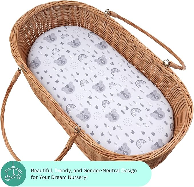 Bassinet Sheets for Baby Delight Snuggle Nest, Beside Me Doze, Snoo Smart, Fisher Price by TansyPanda, 3PC, 32 x 17 Inch, Ultra Soft, Breathable, Snug Fit, Unisex Boys, Girls (Woodland Rainbow)