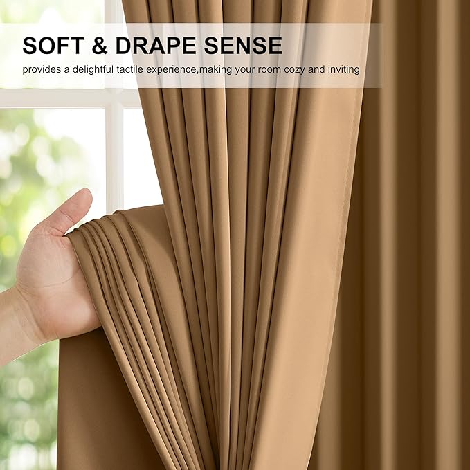 NICETOWN Gold Brown 100% Blackout Curtains for Bedroom, 52x84 Inches Set of 3 for Living Room, Rod Pocket Back Tab & Noise Reducing Drapes Black Lined Insulated Window Treatment Panels