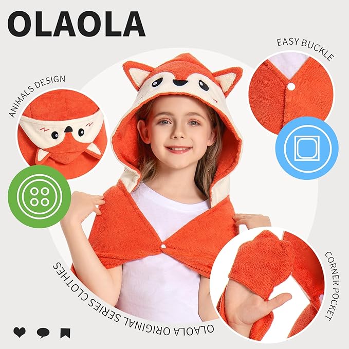 OLAOLA Fox Hooded Towel for Kids 3-12 Years, 28" x 53" Soft Thick Absorbent Beach Towels, Toddler Bath Towel Wrap Swim Pool Towels Poncho for Boys Girls
