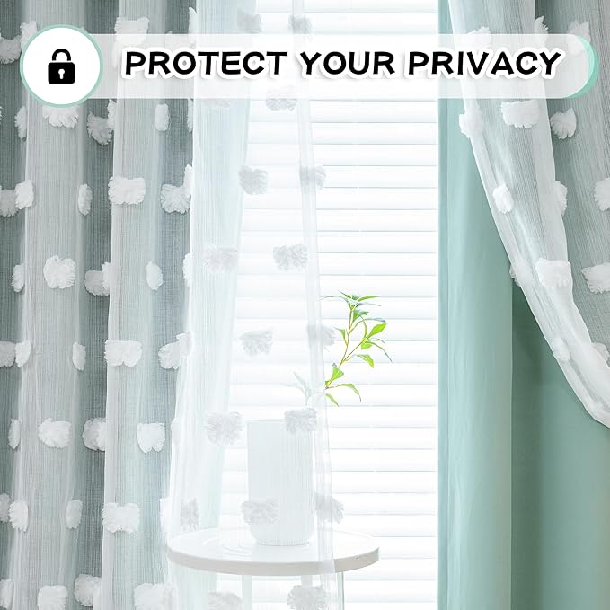 MYSKY HOME Kids Curtains for Boys Bedroom Room Darkening Grommet Double Layer Curtains for Son Room Decor 63 Inches Long White Pom Pom Sheer Blackout Curtains 2 Layers Aqua 52 x 63 Inch 2 Panels