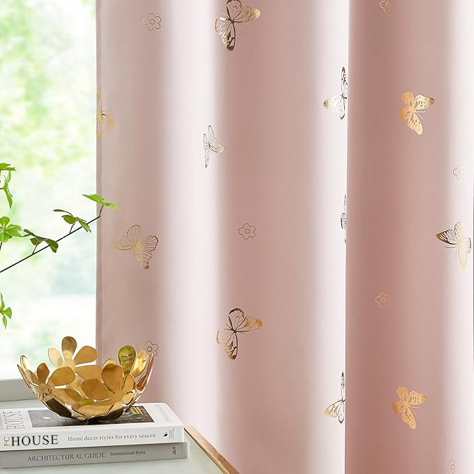 Jubilantex Pink Gold Butterfly Blackout Curtains with Black Layer Thermal Insulated Window Curtains Grommet Top for Bedroom Girls Room,52x63,2 Panels