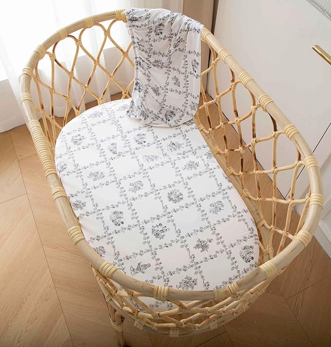 SDY Jersey Floral Bassinet Sheets for Baby Boys and Girls,32 "x 16 "x 4",2 Pack,Neutral Flower Standard Oval/Retangle Bassinet Mattress Sheets for Toddler,Super Soft Breathable
