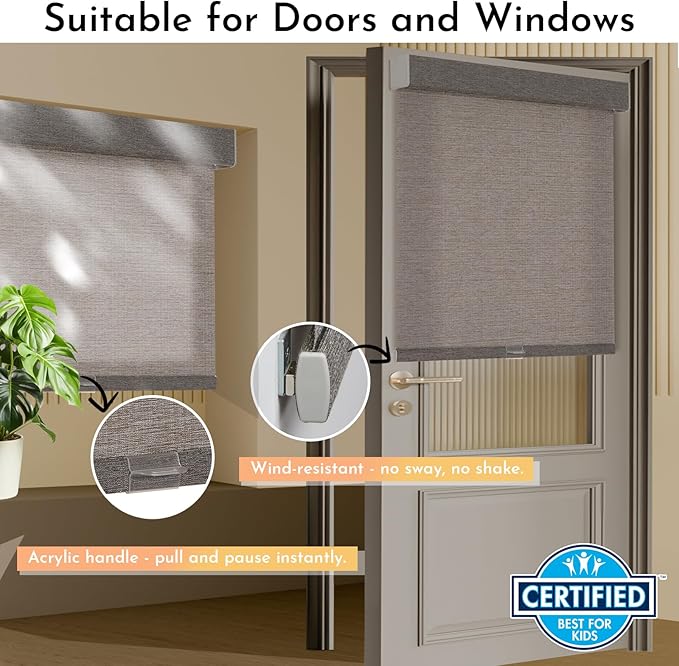 Persilux Light Filtering Roller Shades for Indoor Window Blinds,Cordless,Linen Fabric,Thermal Insulated Fabric UV Protection Shades for Home,Office,Bedroom,Door,Light Filtering-Stone Grey,Custom Size