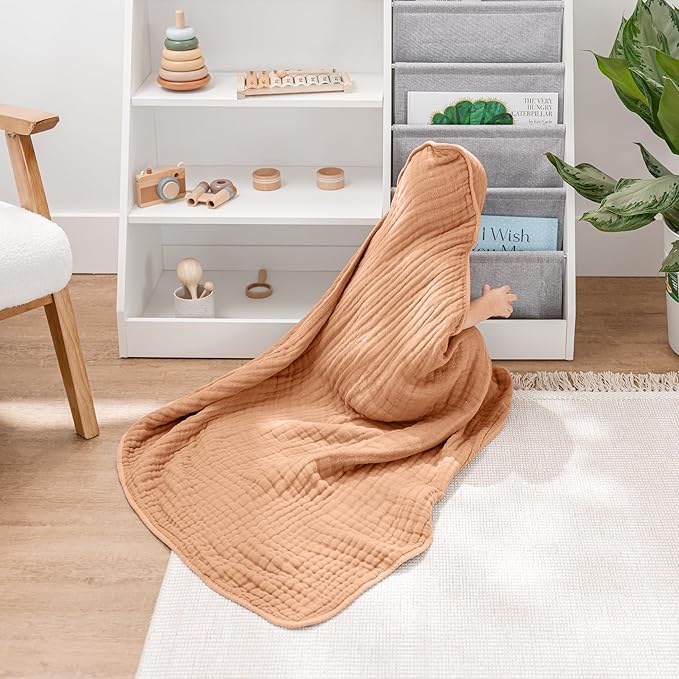 Comfy Cubs Baby Hooded 9 Layer Muslin Cotton Towel for Kids, Large 32” x 32”, Ultra Soft, Warm, and Absorbent. Baby Essentials Bath Towels, Cute Unisex Cover for Girls and Boys (Pack of 1, Caramel)