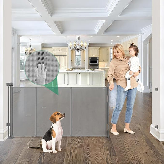 Reinforced 85" Wide Retractable Baby Gates Outdoor Retractable Dog Gate Indoor Mesh Baby Gate Retractable Pet Gate, Extra Wide Dog Gate with Support Rods – Prevent Crawling Under, Gray