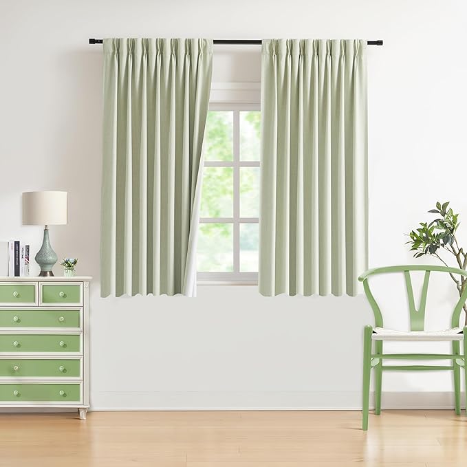 WEST LAKE Pinch Pleated Full Blackout Curtain Panels 63 Inches Long,Soft Green Linen Blended Drapes for Bedroom Living Room,Energy Efficient Window Treatment,Back Tabs Hooks,40" Wx63 L(Pack of 2)