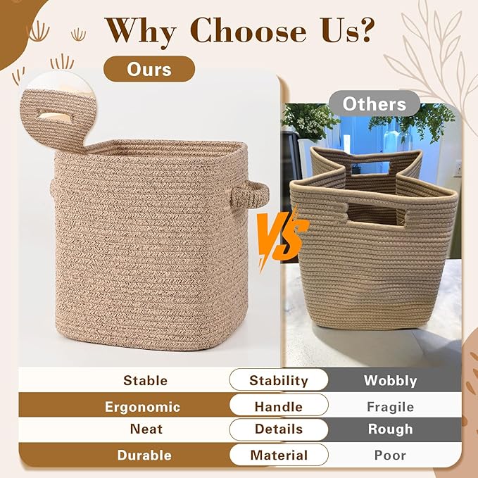 13 Inch Storage Cubes, 3 Pack Cube Storage Bins for Organizing, Cotton Rope Woven Baskets for Shelves, Bathroom, Kids Room, Closets, Baby Nursery
