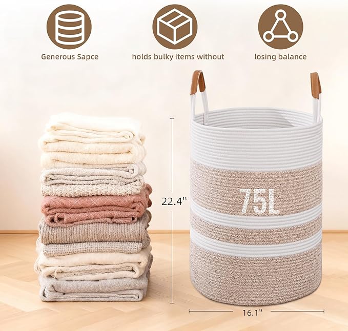 75L Striped Laundry Basket, Brown Laundry Hamper with Leather Handles, Woven Cotton Rope Storage Bin for Blankets, Nursery Hamper for Clothes, Toys In Bathroom, Livingroom, Bedroom
