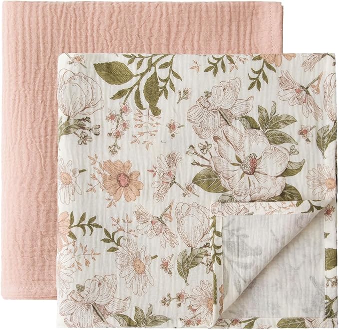 Little Jump 2-Pack Cotton Muslin Swaddle Blankets for Baby Boys Girls Unisex - Boho Floral Baby Blanket Nursery Swaddling Blankets- Large 47 x 47 inches Receiving Blanket Neutral (Vintage Blossom)