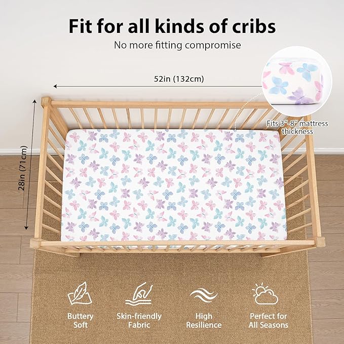 Baby Crib Sheets Girl, 3 Pack Toddler Bed Sheets Fit for 52”x28” Standard Crib and Toddler Mattresses, Super Soft Microfiber Pink Butterfly Flower
