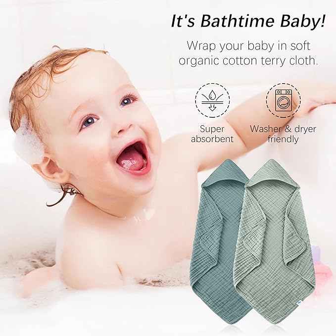 SWEET DOLPHIN Muslin Hooded Baby Bath Towels - 2 Pack 100% Cotton Towel for Babies, Infants, Toddlers - 32x32Inch - Highly Absorbent and Newborn Essential, Light Emerald