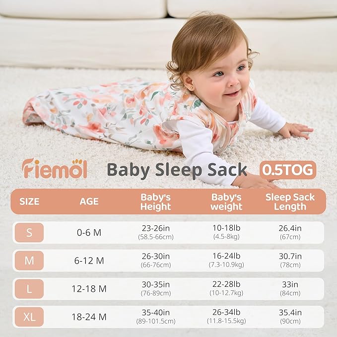 FIEMOL Baby Sleep Sack 0-6 Months, 0.5 TOG Wearable Blanket for Baby Boy and Girl, 2-Way Zipper Newborn and Infant Sleeping Bag 2 Pack, Lightweight Sleep Sacks Orange Flower（Small）