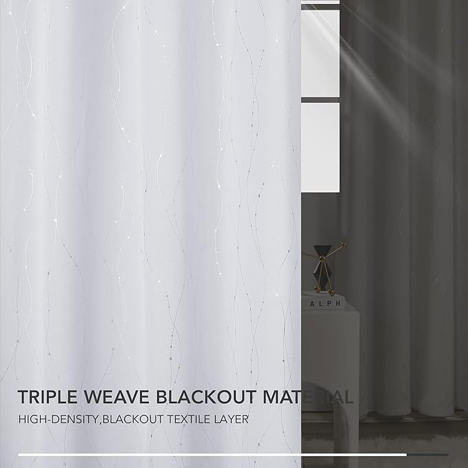 Deconovo Kitchen Curtains, Room Darkening Drapes, Thermal Insulated Soundproof Grommet Drape, Silver Wave Dots Print, 42 x 54 Inch, Machine Washable Window Panels for Small Windows Nursery, Set of 2