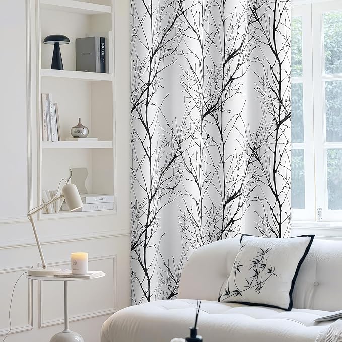 FMFUNCTEX 100% Blackout Curtains White Black Tree Liner Curtains for Bedroom, Branch Partterned Curtains 96 inches Long for Living Room, Room Darkening Thermal Insulated Drapes, Grommet Top 2 Panels