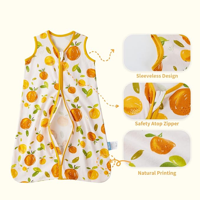 TILLYOU 2 Pack Infant Sleep Sack 0-6 Months 100% Cotton Wearable Blanket 0.5 TOG Sleeveless Summer Sleep Sacks with 2-Way Zipper, Orange Flavour & Orange