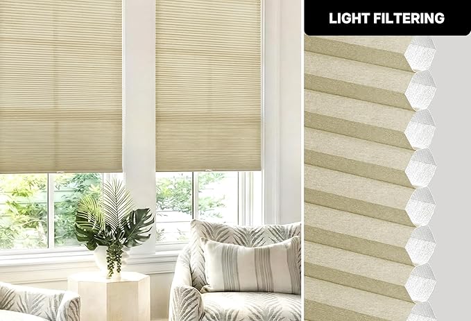 LazBlinds Cordless Cellular Shades, No Tools No Drill Light Filtering Honeycomb Shades Pleated Blinds for Windows, 30'' W x 64'' H, Mocha